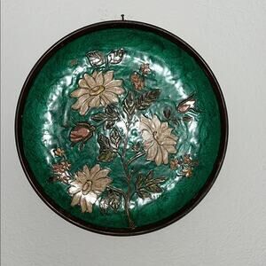 Vintage Cloisonné Solid Brass Plate Enamel Floral Design 8” Wide